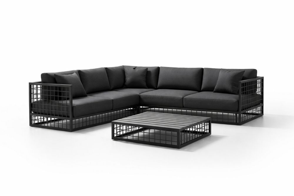 Black Steel Frame Outdoor Sectional Sofa Set with Cushions