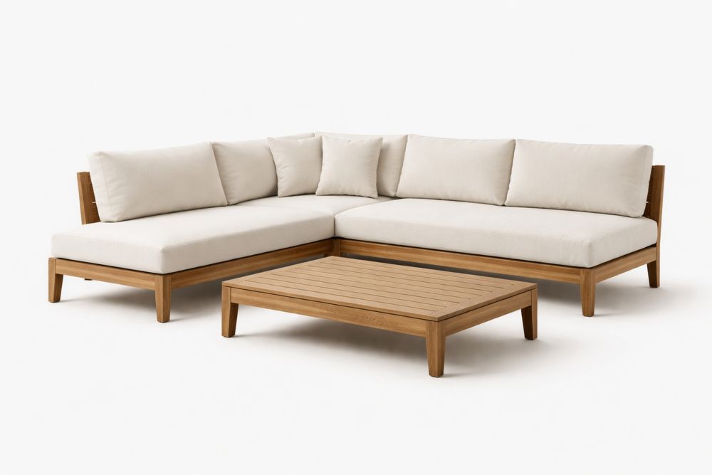 Teak Wood Outdoor Sectional Sofa Set with Beige Cushions