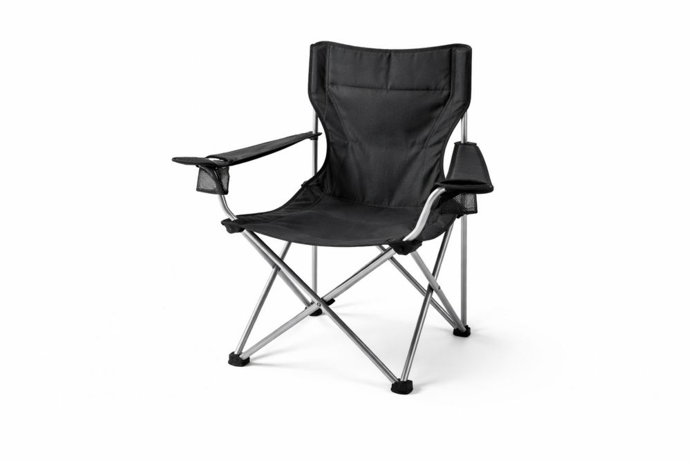 Black Folding Camping Chair Polyester with Steel Frame and Cup Holder