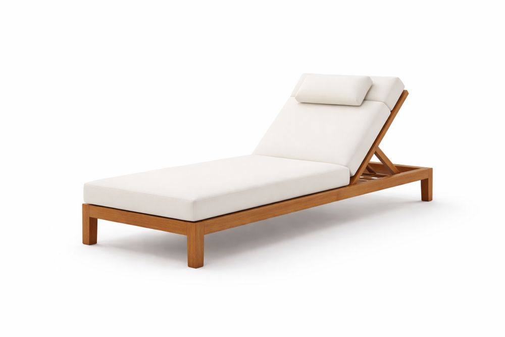 Teak Outdoor Chaise Lounge with Adjustable Backrest and Off-White Cushions
