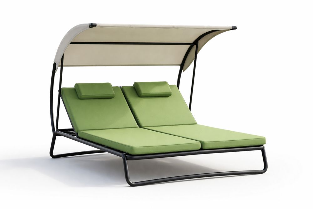 Outdoor Double Chaise Lounge with Canopy and Adjustable Cushions