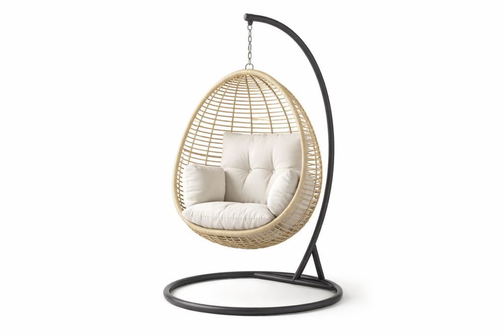 Beige Rattan Hanging Egg Chair with Steel Stand
