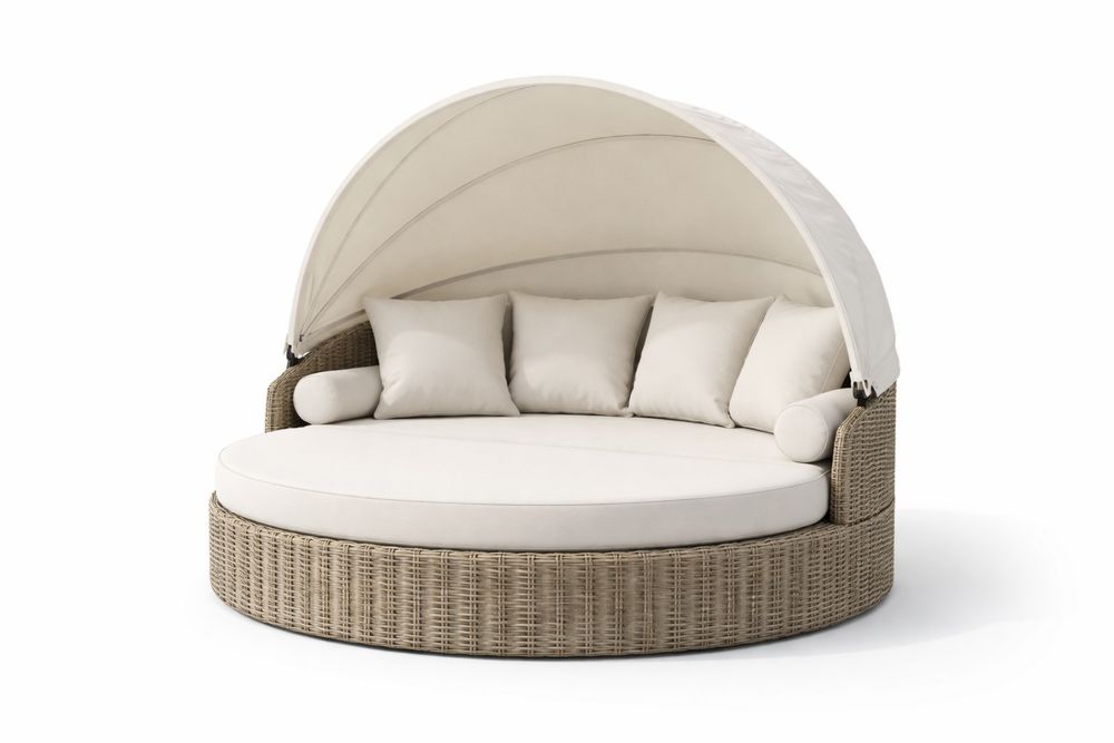 Round Wicker Patio Daybed with Canopy Beige PE Rattan and Polyester Fabric Cushions