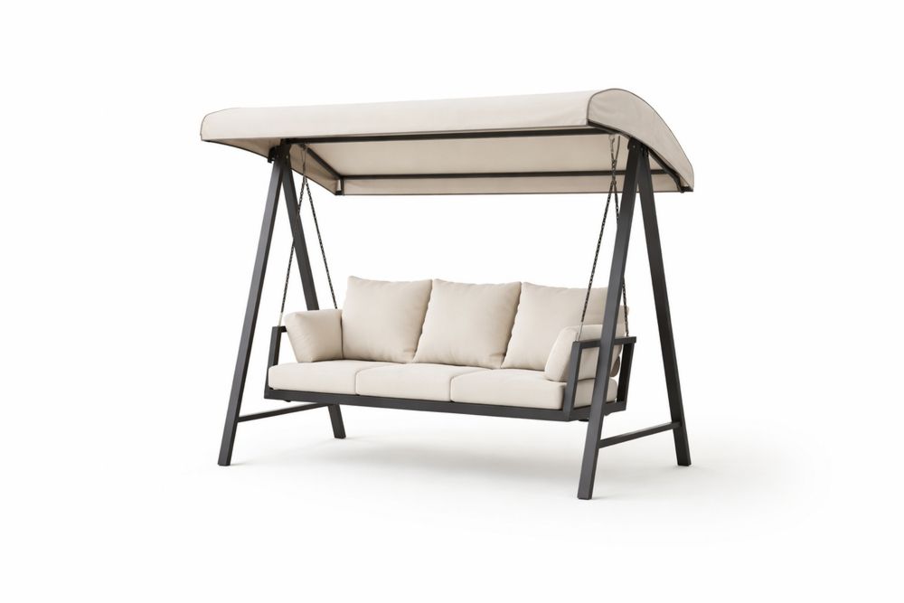 Outdoor Steel Frame Swing with Cushions and Canopy Beige
