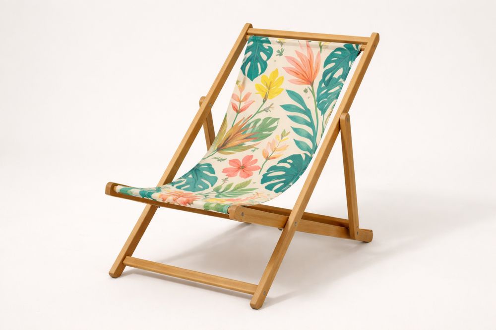 Folding Deck Chair with Tropical Print Canvas and Beech Wood Frame