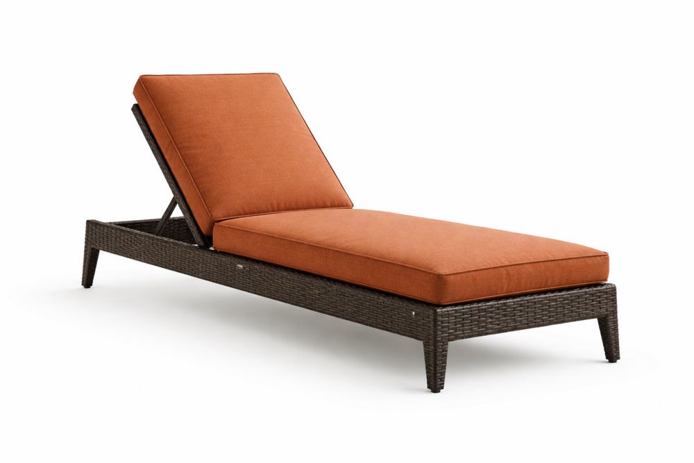 Outdoor Adjustable Wicker Chaise Lounge with Brown Aluminum Frame and Orange Cushions