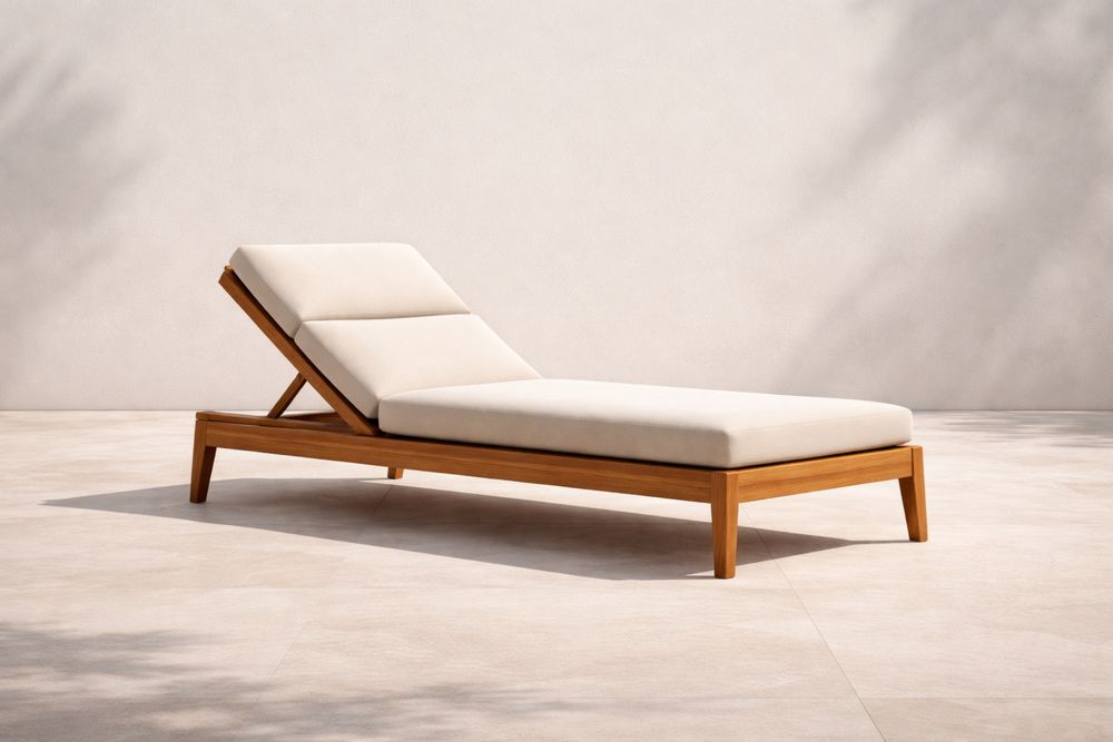 Teak Wood Outdoor Chaise Lounge Beige Cushion Adjustable Reclining 195cm
