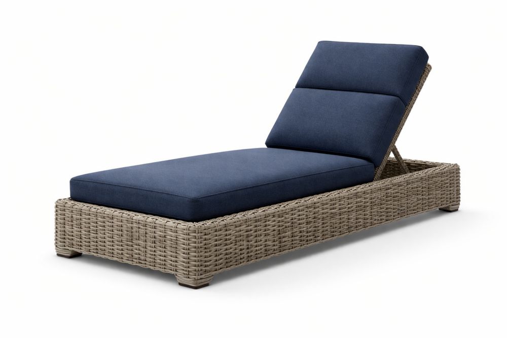 Outdoor Wicker Chaise Lounge with Blue Cushions