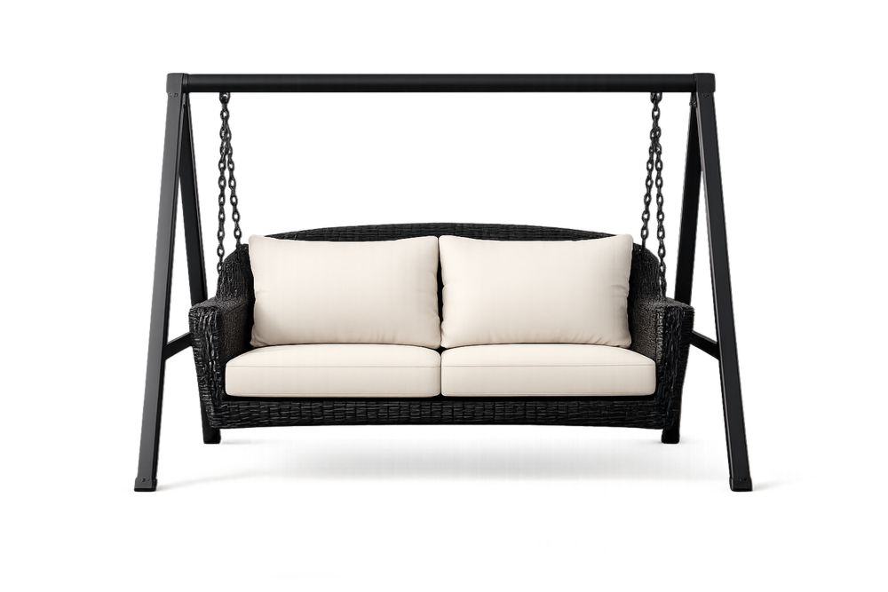 Outdoor Swing with Cushions Black Steel Frame Wicker Two-Seater