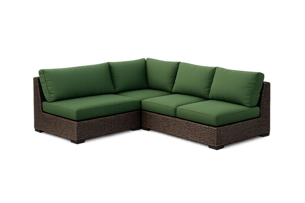 Outdoor L-Shaped Sectional Corner Sofa Set with Green Cushions and Wicker Frame