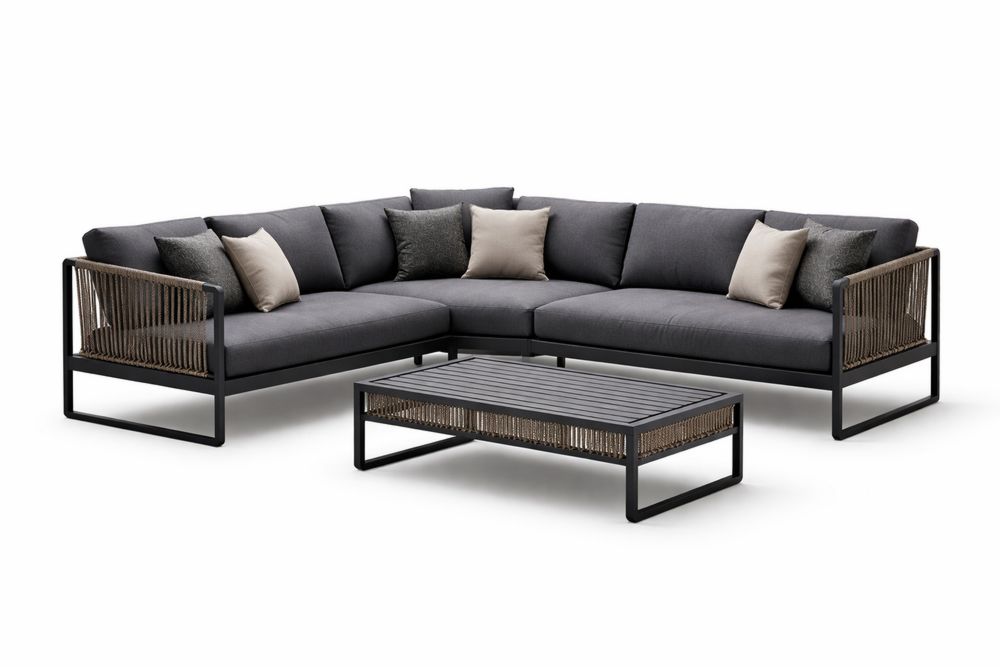 Outdoor Sectional Sofa Set with Rope Detail and Table