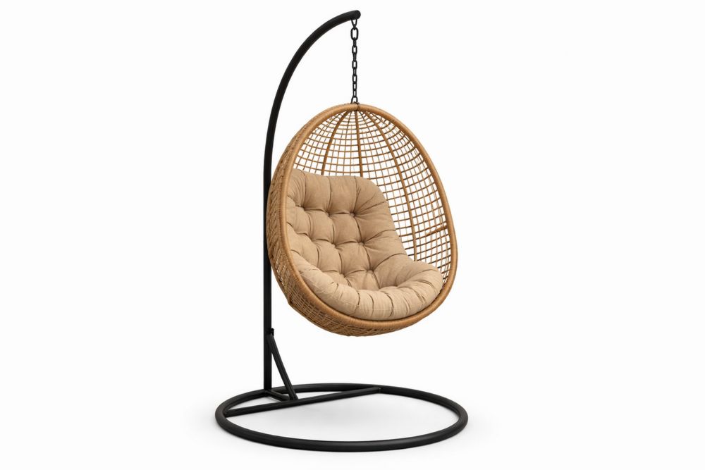 Outdoor Wicker Hanging Egg Chair with Stand and Beige Cushion