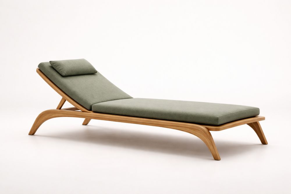 Solid Wood Chaise Lounge with Green Fabric Cushions