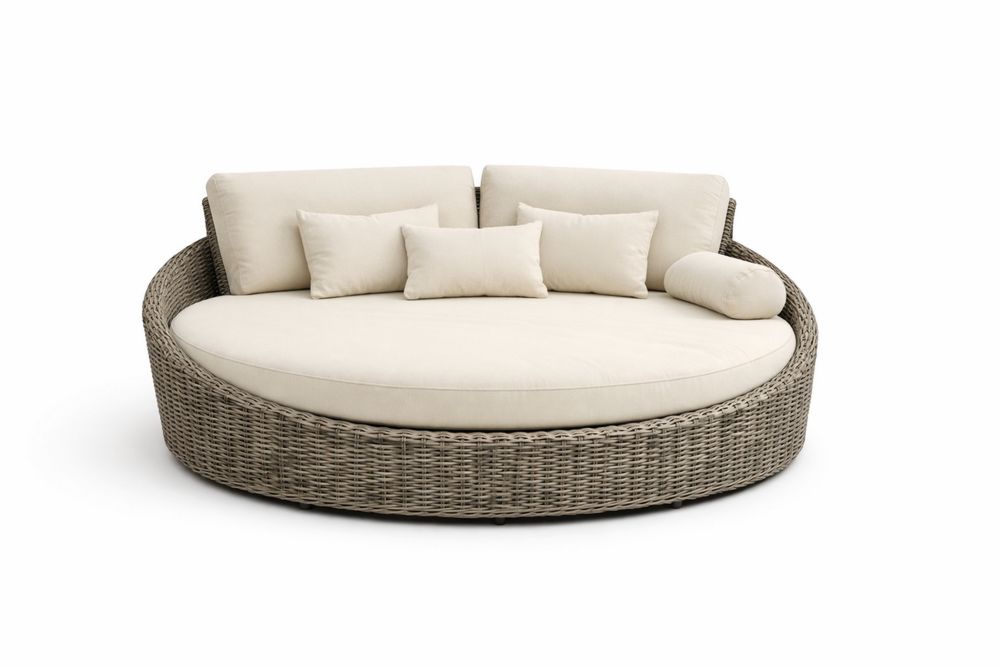 Outdoor Round Patio Daybed Cream Cushions PE Rattan Diameter 220cm