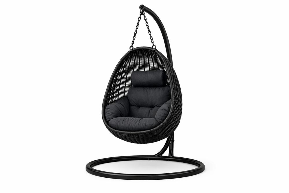 Black Hanging Egg Chair with Steel Frame and Polyester Cushion