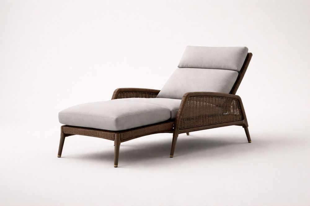 Outdoor Wicker Chaise Lounge Chair with Cushions Brown/Grey Polyester Rattan Adjustable Recliner