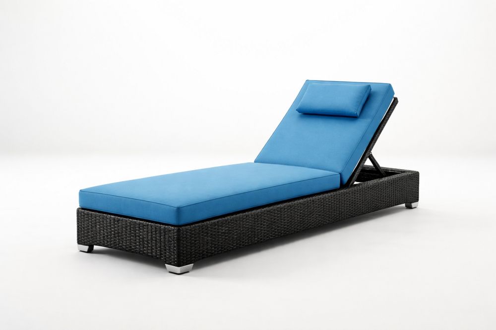 Outdoor Adjustable Chaise Lounge Black Wicker with Blue Polyester Cushions