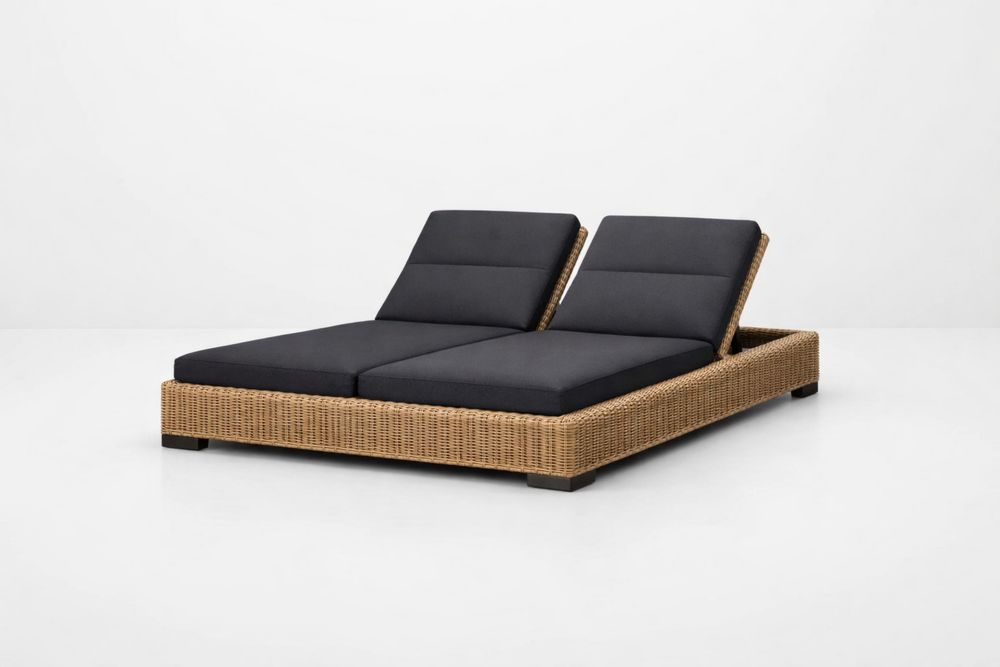 Outdoor Double Chaise Lounge with Synthetic Rattan and Black Cushions