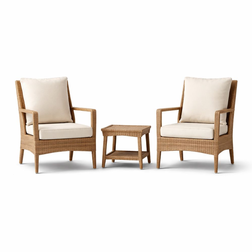 Outdoor Wicker Chair Set with Table and Beige Cushions