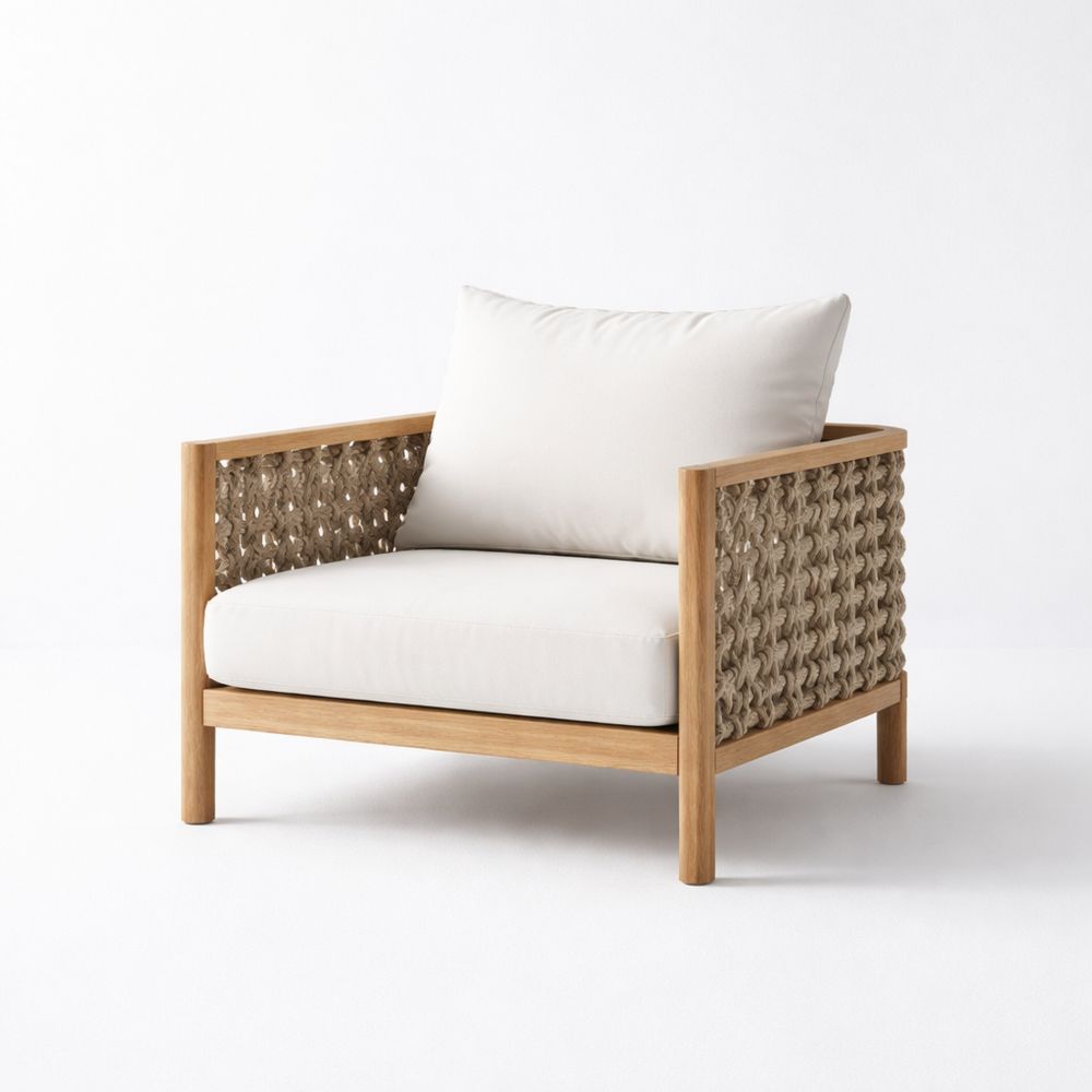 Teak Armchair with Woven Rope and Beige Cushions