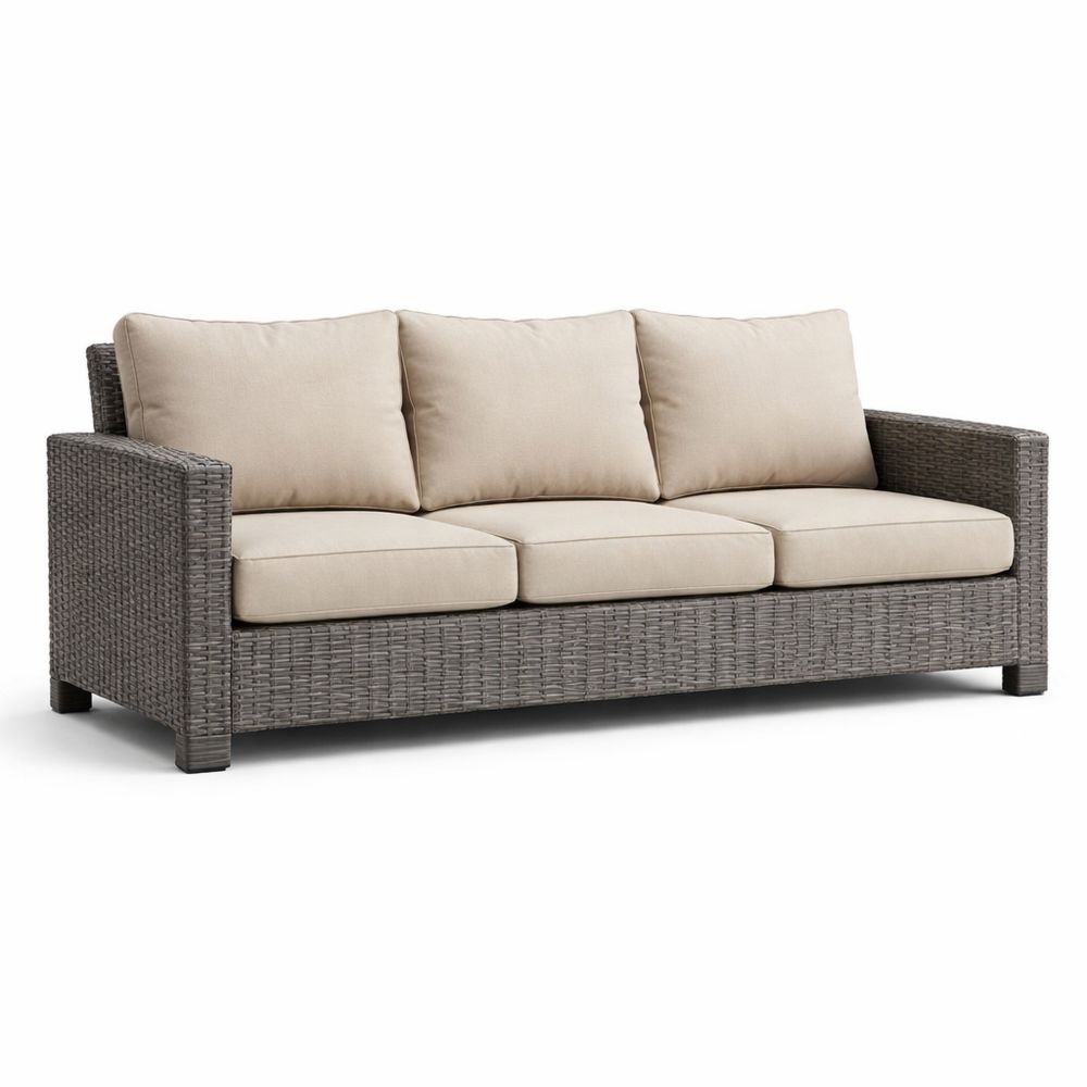 Wicker Sofa with Beige Cushions