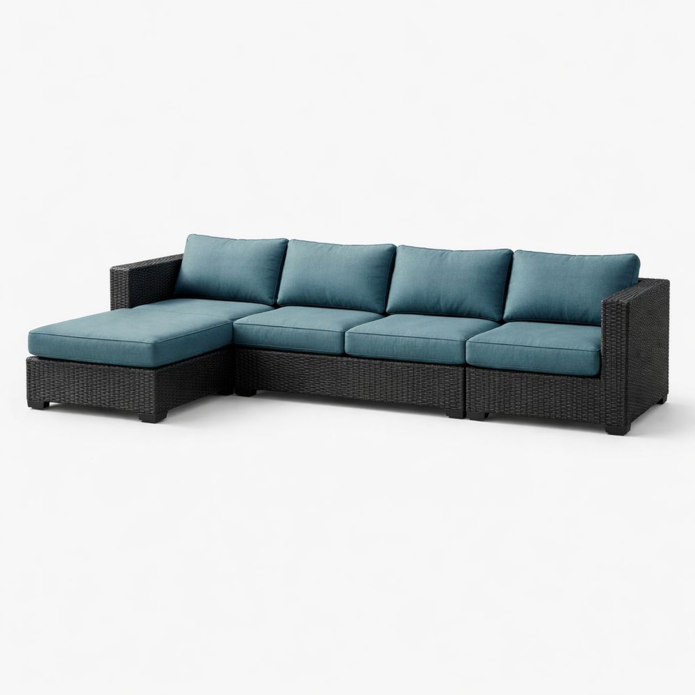 Outdoor Sectional Sofa Set with Blue Cushions Resin Wicker 3-Piece