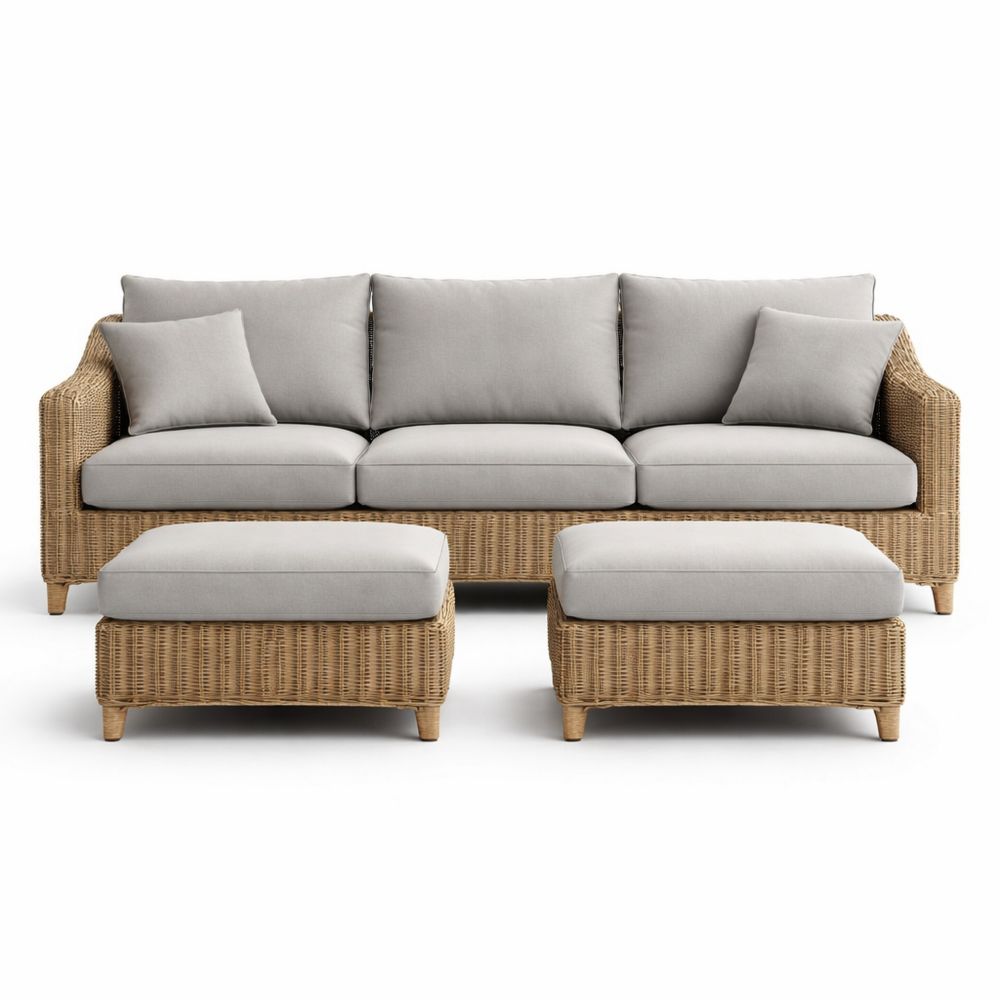 Rattan Outdoor Sofa Set with Cushions in Beige/Grey