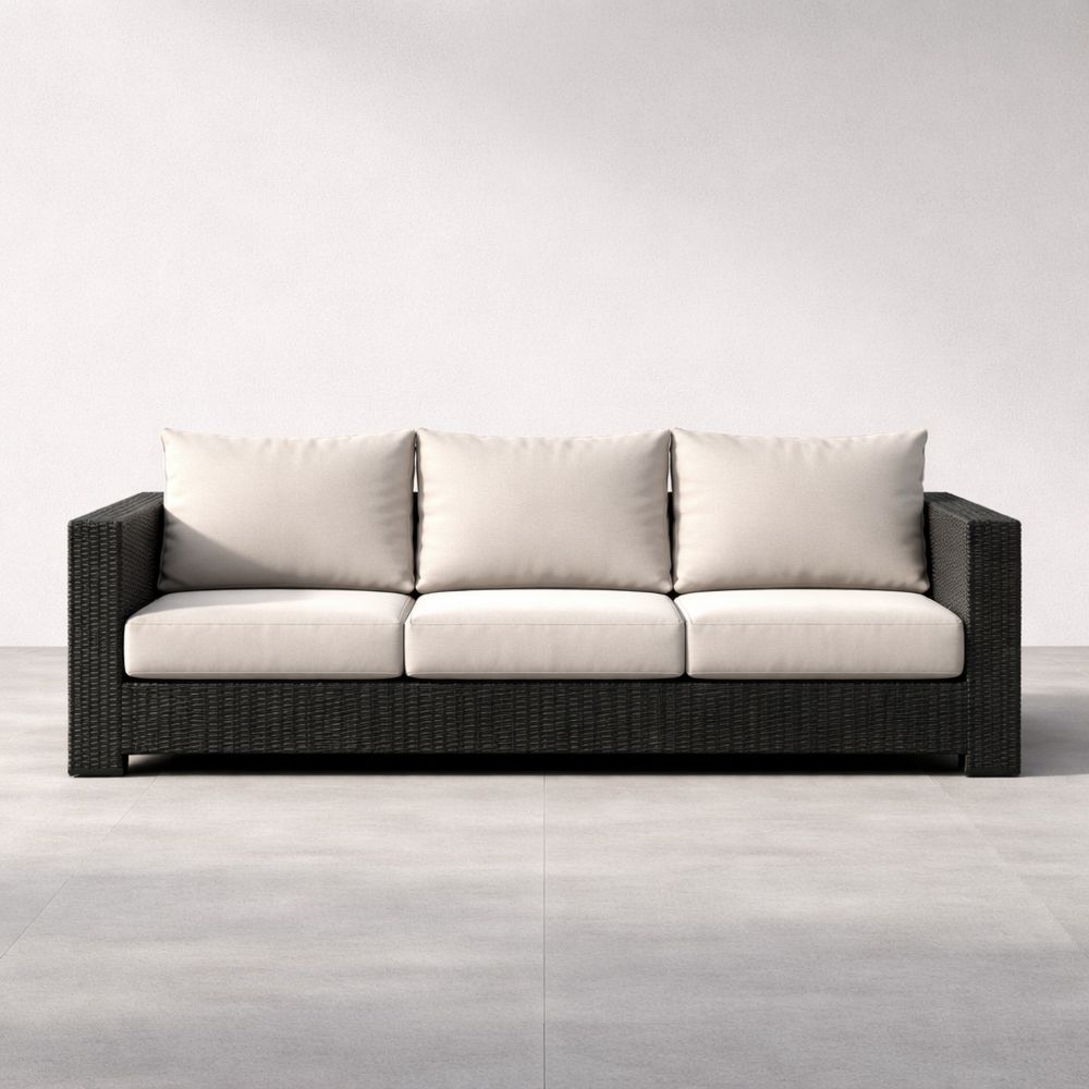 Outdoor Sofa Black Wicker Frame Beige Cushions 3-Seater 220cm