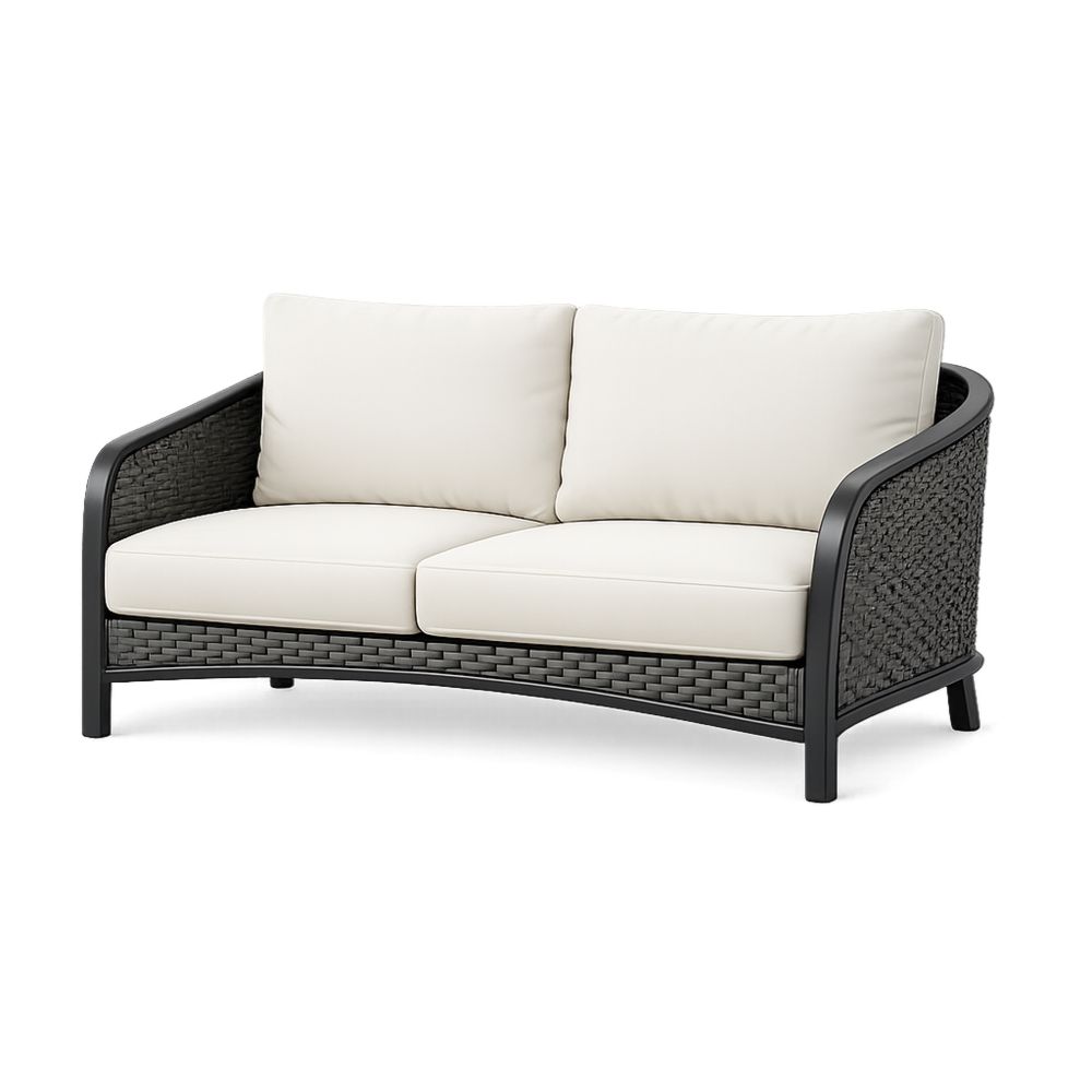 Outdoor Wicker Sofa with Cushions Black Frame Beige Cushions