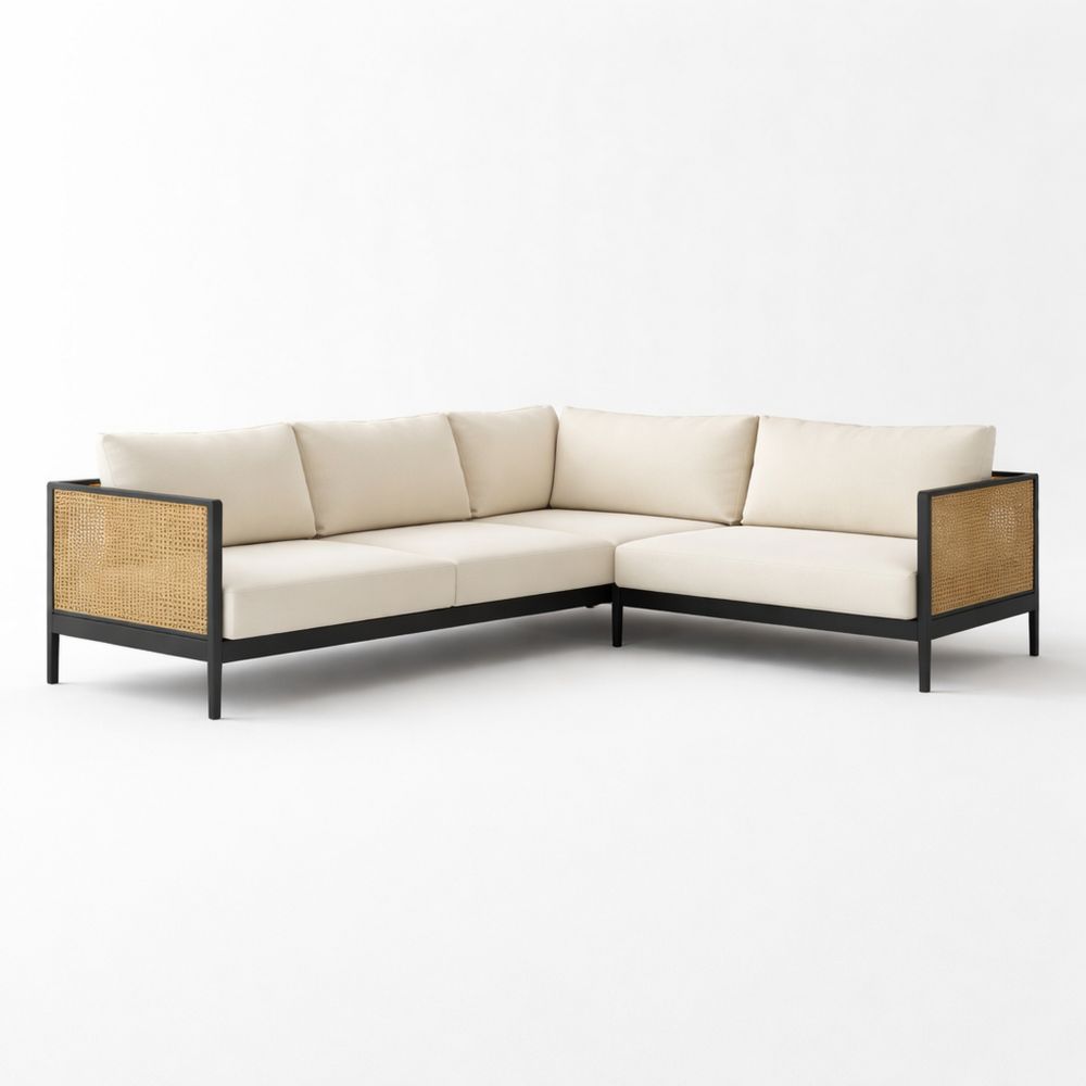 Beige Fabric L-Shaped Corner Sofa with Metal Frame and Rattan Panels