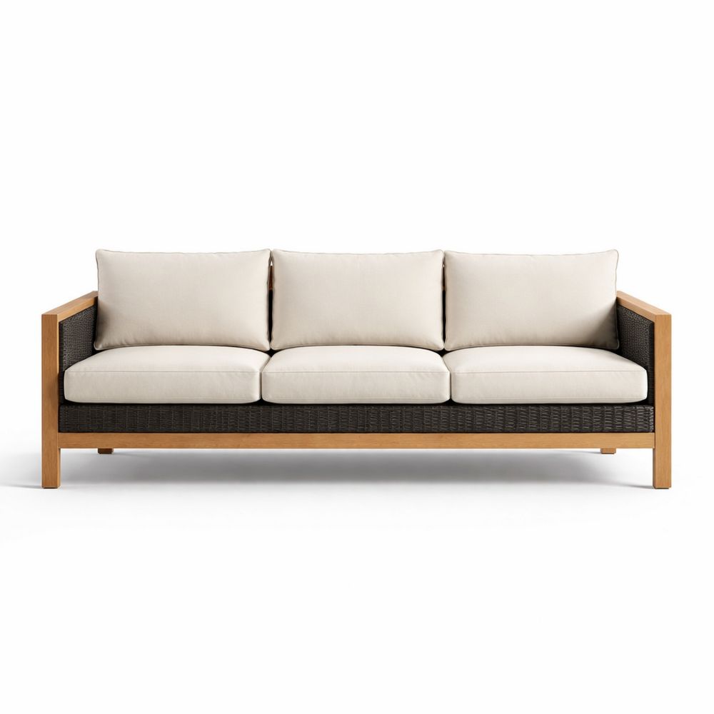 Teak Wood Frame Wicker Outdoor Sofa with Beige Cushions