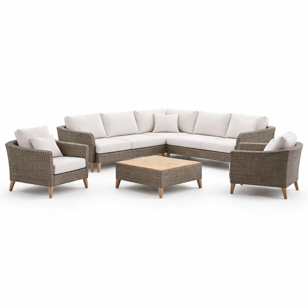 Outdoor Wicker Sectional Sofa Set with Beige Cushions and Teak Coffee Table