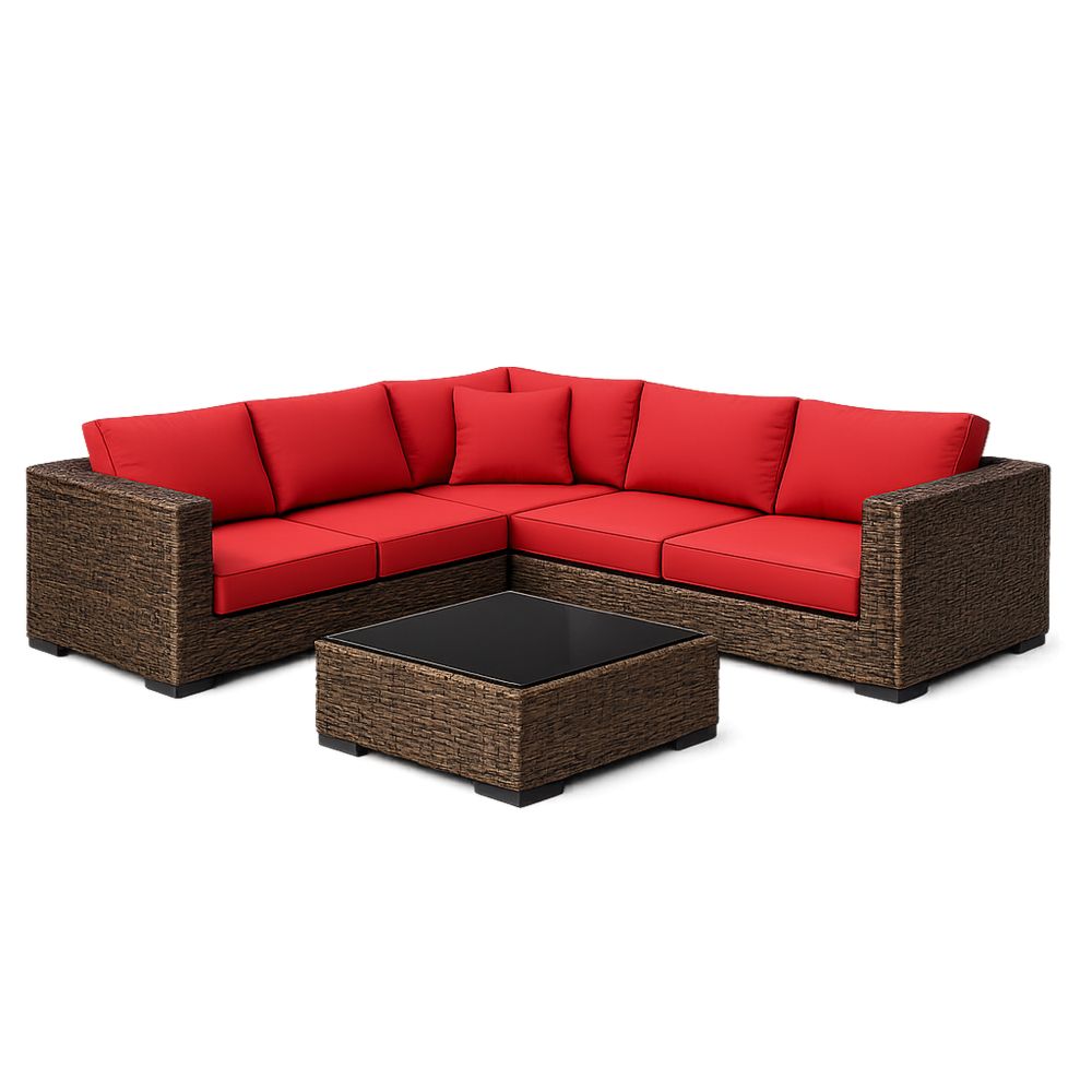 Outdoor Patio Sectional Sofa Set with Red Cushions and Wicker Frame