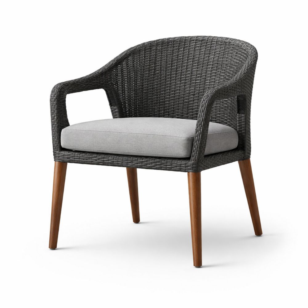 Wicker Armchair with Cushion in Dark Gray and Light Gray Fabric