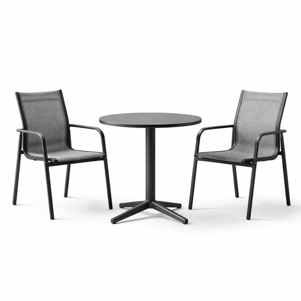 Outdoor Metal Patio Set with Round Table and Mesh Chairs, Black/Grey