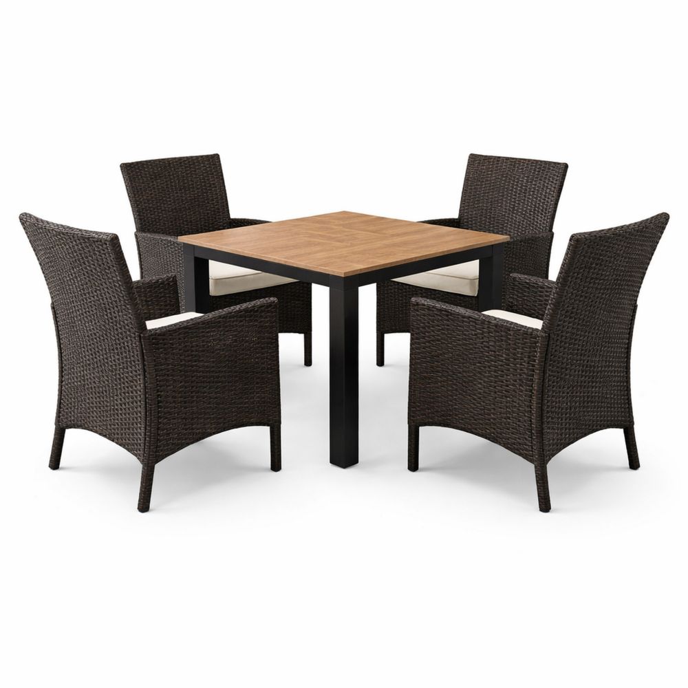 Square Aluminum Frame Rattan Dining Set with Oak Tabletop for Four