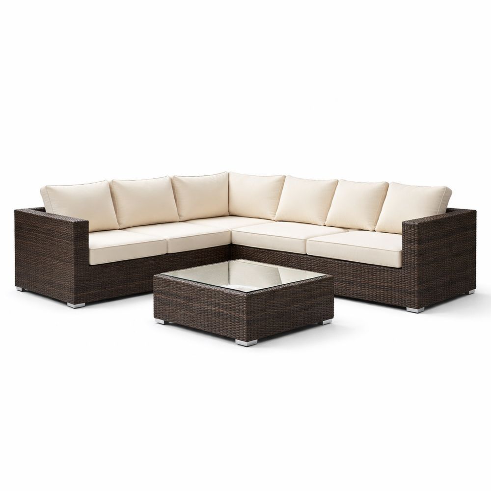 Outdoor Wicker Sectional Sofa Set with Cushions and Glass Top Coffee Table