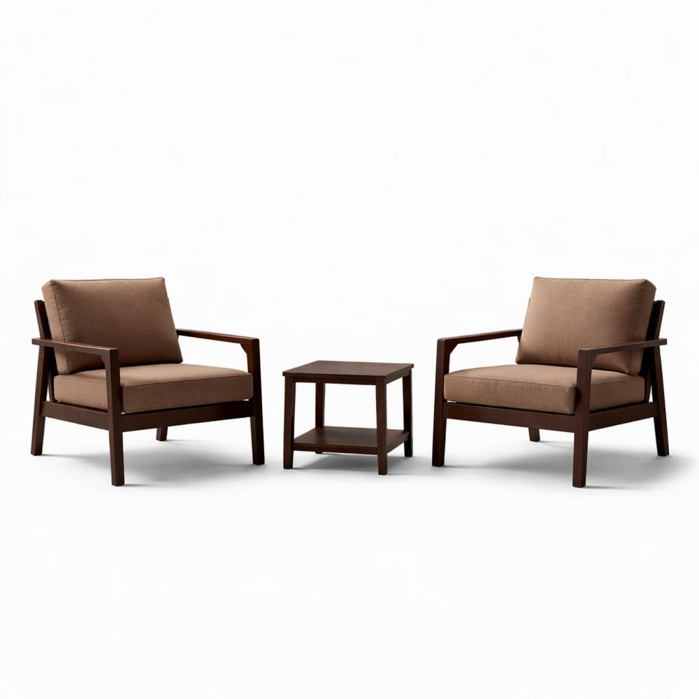 3-Piece Brown Wooden Patio Set with Cushioned Chairs and Side Table