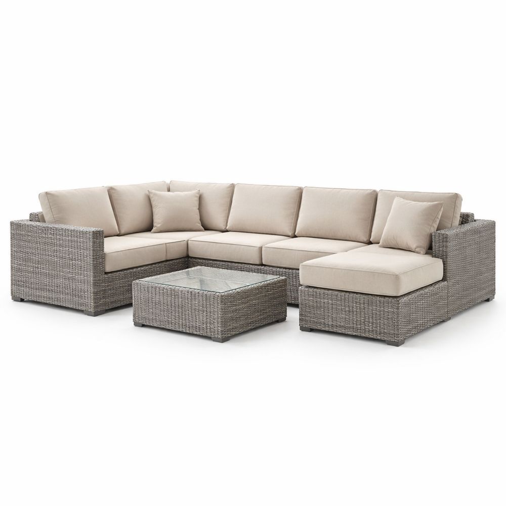 Outdoor Sectional Sofa Set with Cushions and Glass Top Table in Beige Rattan Wicker