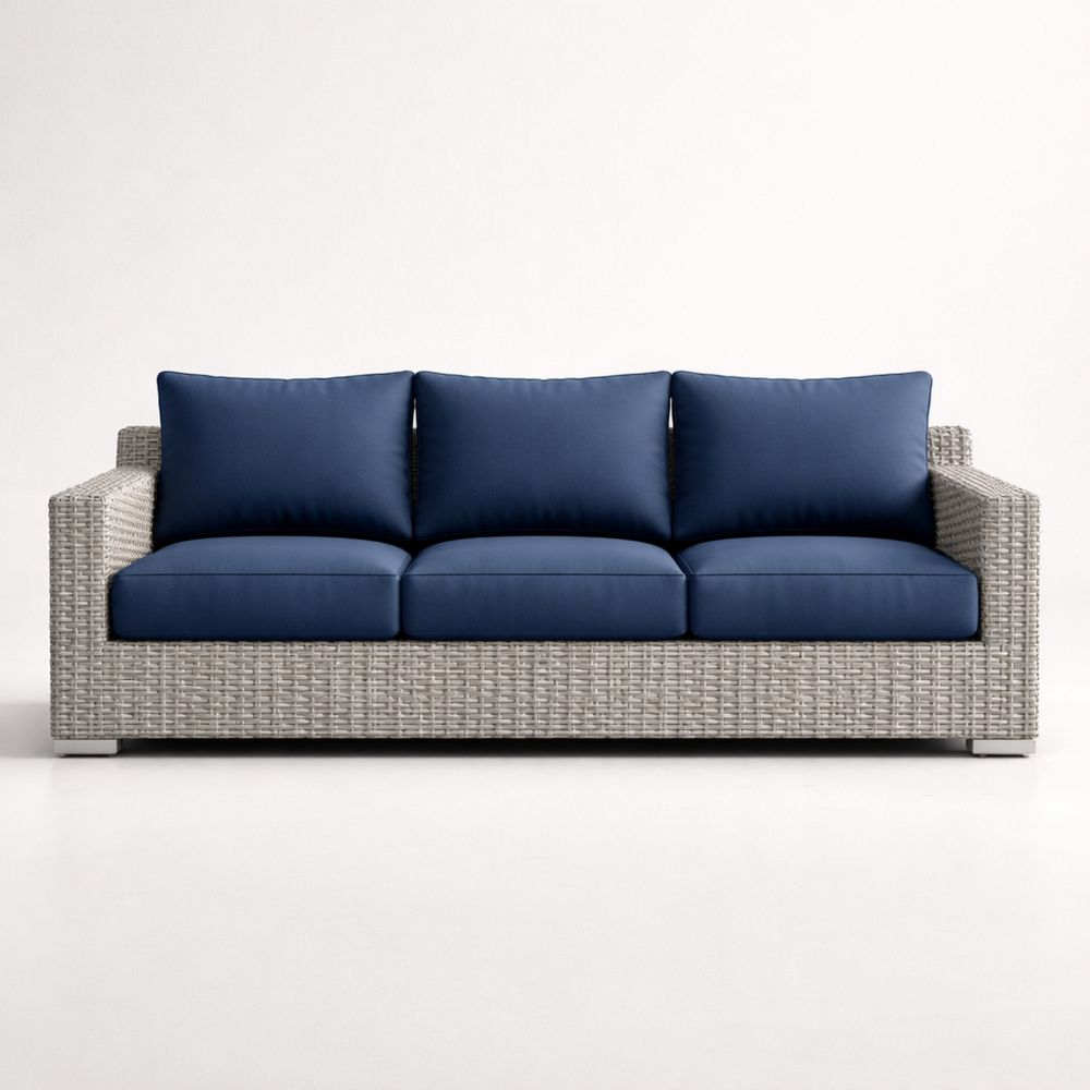 Rattan Sofa with Navy Cushions