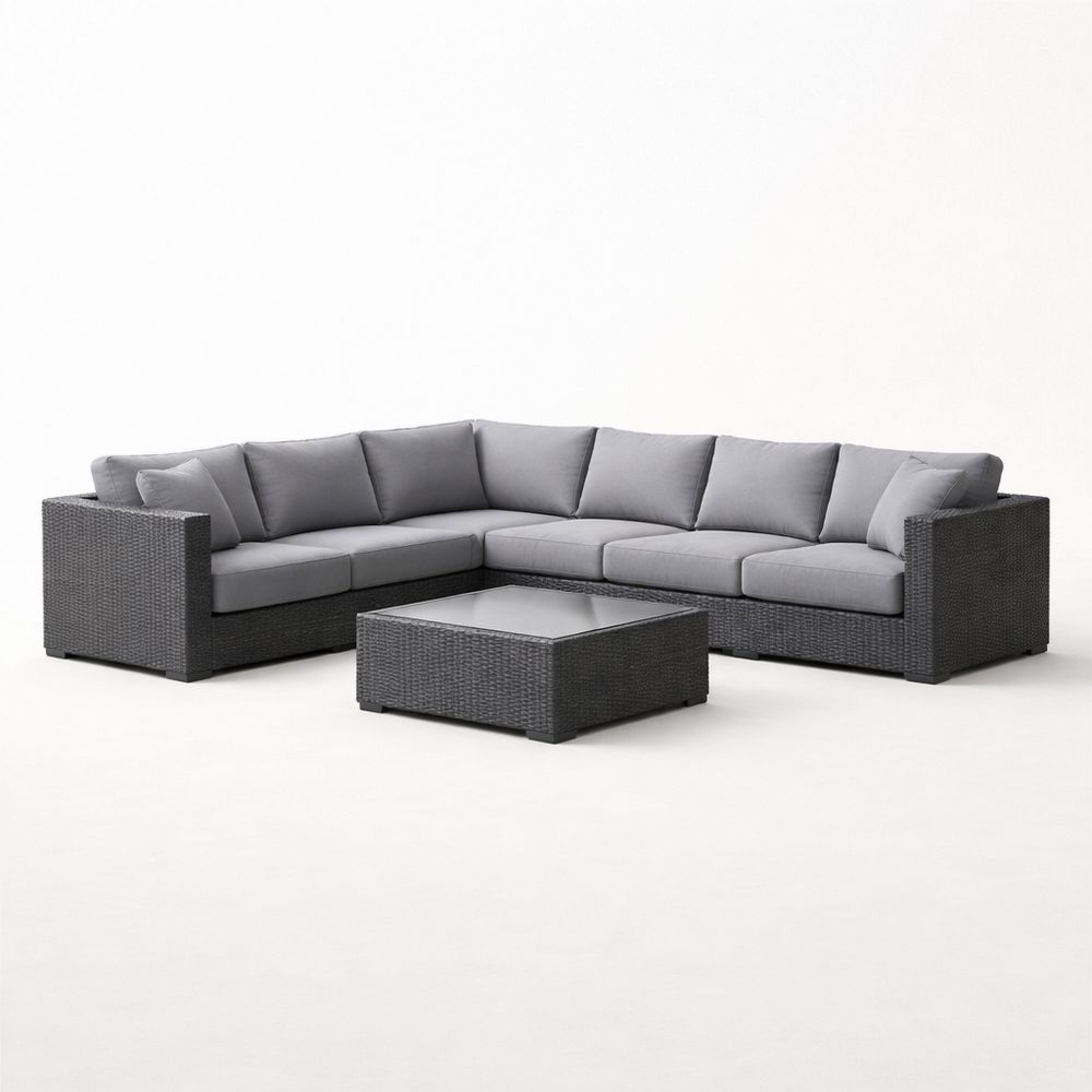 Outdoor Sectional Sofa Set with Coffee Table Grey Polyethylene Wicker and Polyester Cushions