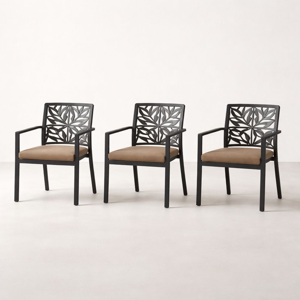 Set of 3 Black Metal Armchairs with Floral Backrest and Beige Cushions