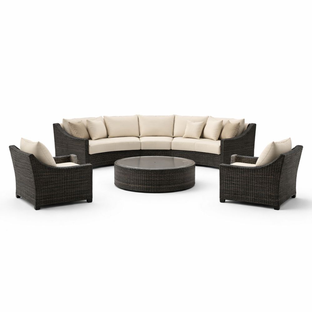 Outdoor Wicker Sofa Set with Glass Table and Beige Cushions