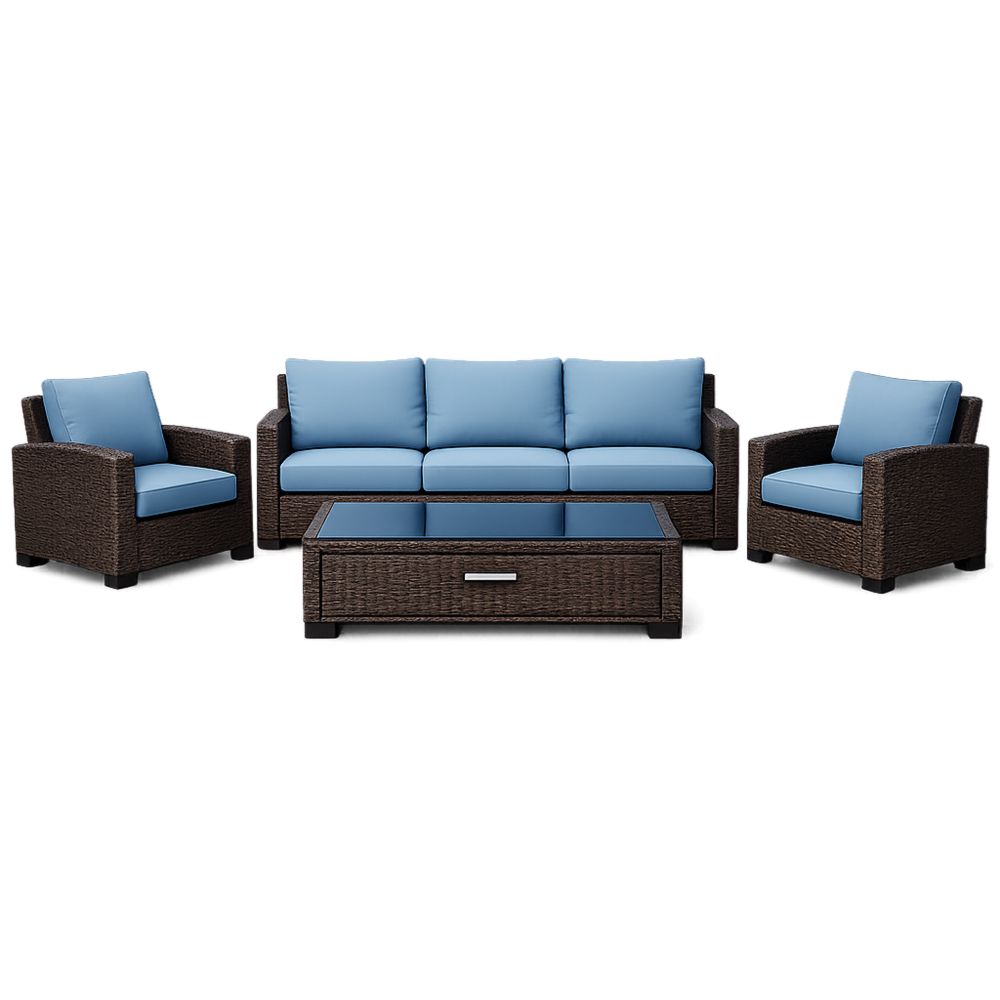 4-Piece Wicker Outdoor Sofa Set with Sky Blue Cushions