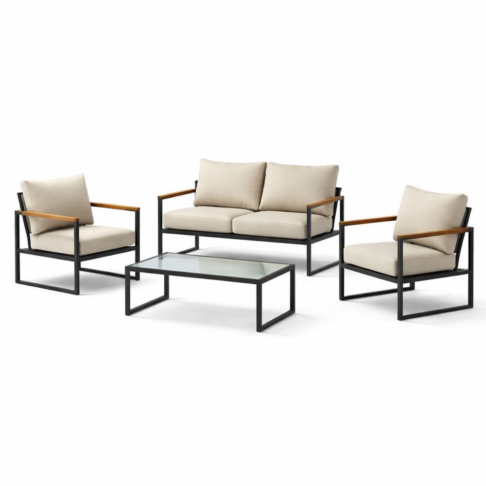 4-Piece Outdoor Furniture Set Beige Cushions Metal Frame Glass Table