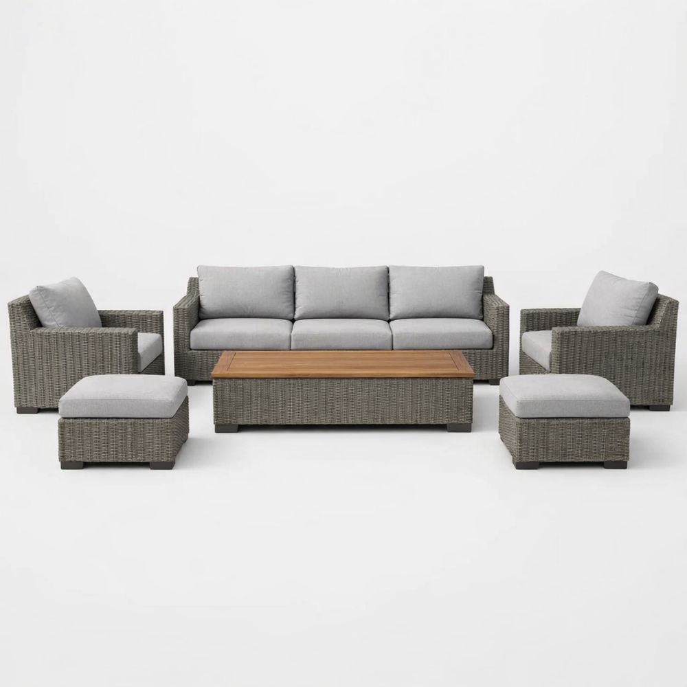 Outdoor Wicker Patio Sofa Set with Cushions and Acacia Wood Table
