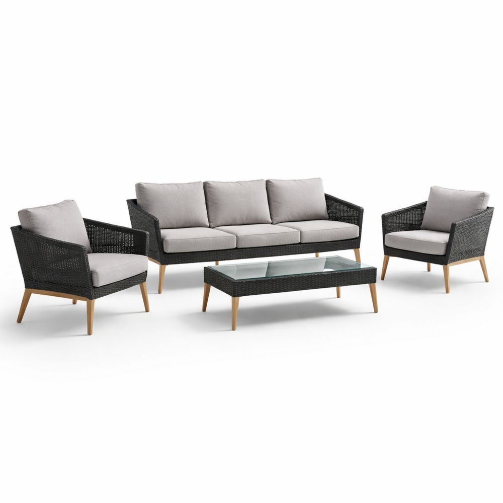 Outdoor Wicker Sofa Set with Cushions and Glass Top Coffee Table