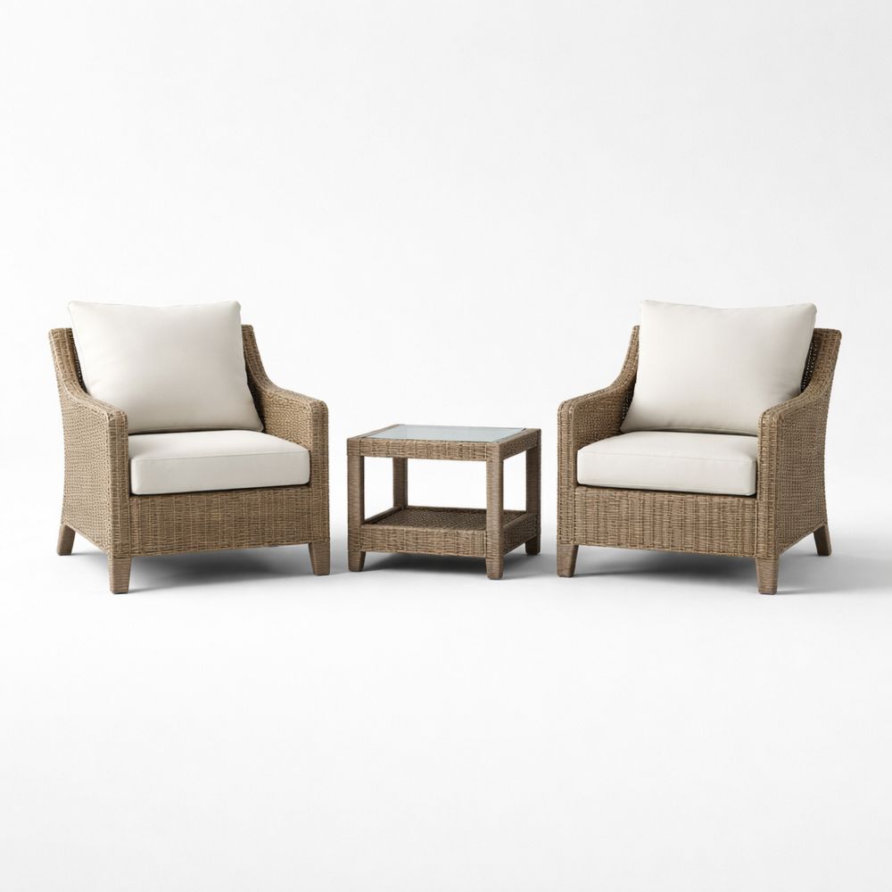 Outdoor Patio Wicker Chair and Side Table Set with Cushions Beige/Rattan