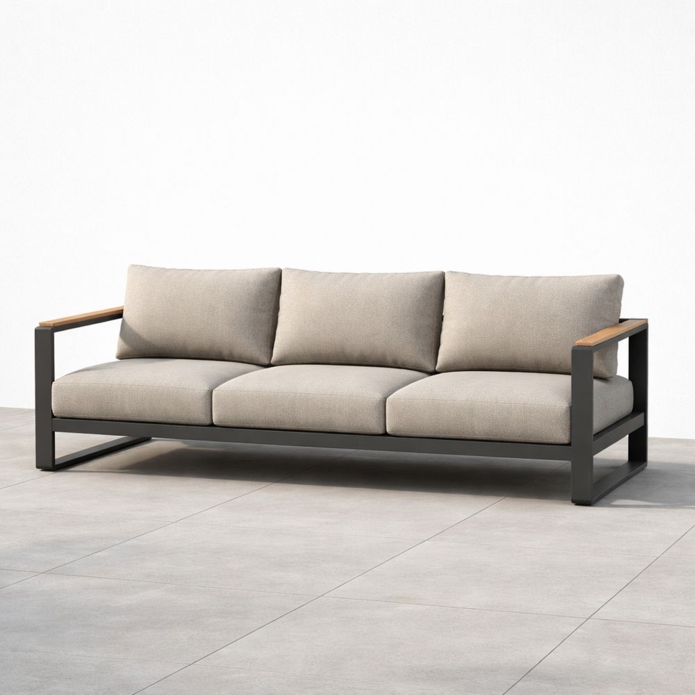 Outdoor Sofa Three-Seater Beige Fabric with Metal Frame