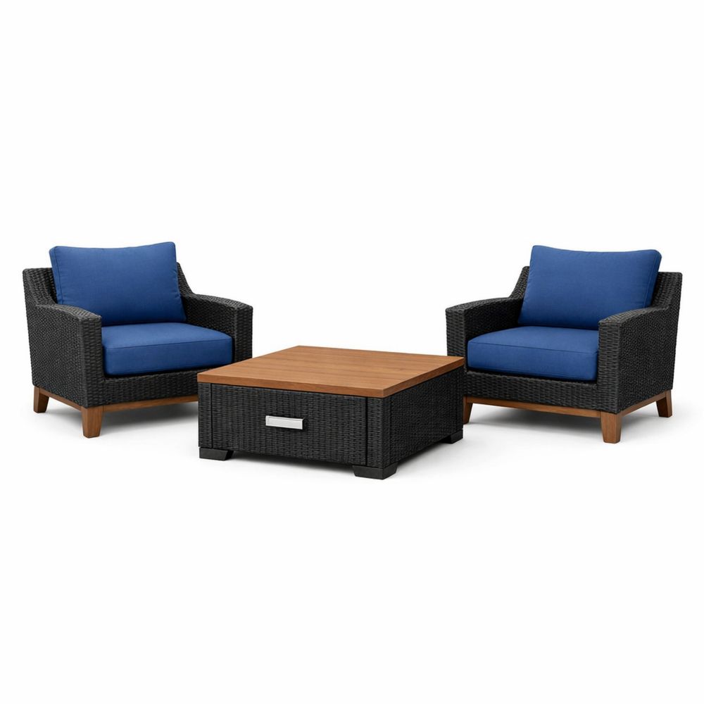 Outdoor Furniture Set Wicker Armchairs with Blue Cushions and Wood Coffee Table